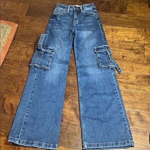 Risen Dark Blue High Rise Wide Leg Cargo Stretch Jean, size 23W/33L